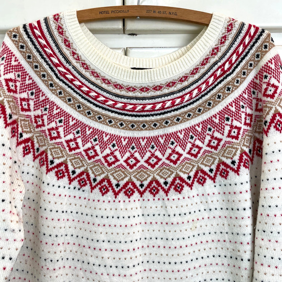 Talbots Women's Sz L Lambs Wool Blend Sweater Fair Isle White Red - Picture 2 of 10
